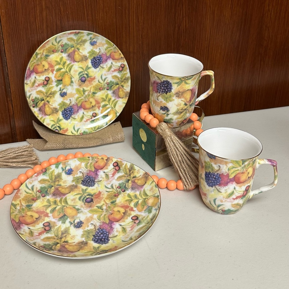 Vintage fruits Pattern with Gold Rim plate and mug Set